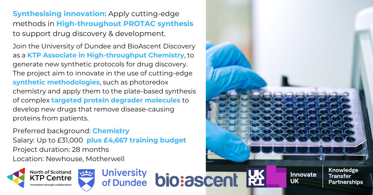 🔬 Are you a recent chemistry graduate looking for an exciting opportunity? Look no further! 💡 @BioAscent and @dundeeuni are seeking a proactive KTP Associate to lead High-throughput PROTAC synthesis 🔗 Apply today! bit.ly/UOD1558 📅 Closing date: 03/06/2024