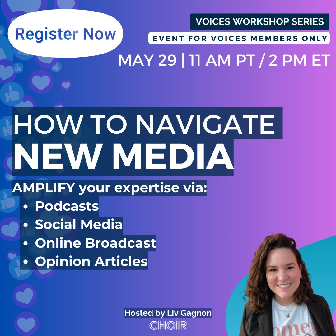 Join Liv, our resident media coach next Weds, May 29th for the next installment in our Workshop Series: "How to Navigate New Media".  

Register here -->  us02web.zoom.us/meeting/regist…

Build your brand and reach new audiences through additional or alternative media!