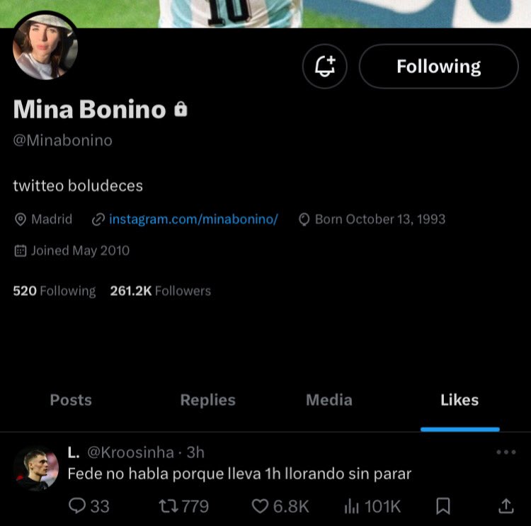 🥲 Mina Bonino, istri Fede Valverde, menyukai tweet yang mengatakan “Fede belum berbicara karena dia sedang menangis satu jam tanpa henti”.