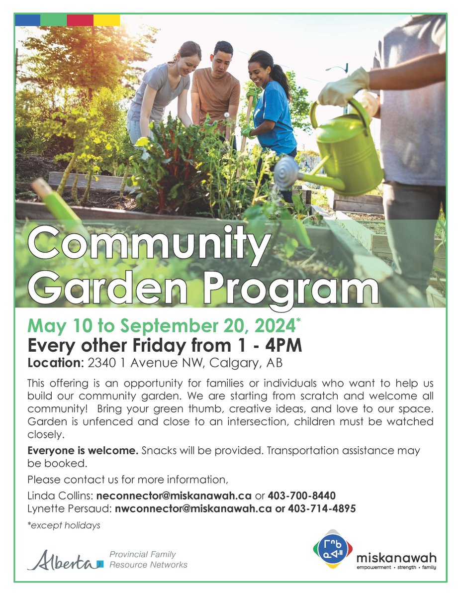 Community Garden Program: May 10 to September 20, 2024. Every other Friday from 1 - 4PM at 2340 1 Avenue NW, Calgary.
Join us to help build our garden! Everyone is welcome.

#miskanawah  #CalgaryGardening #CommunityGarden #GreenThumb
