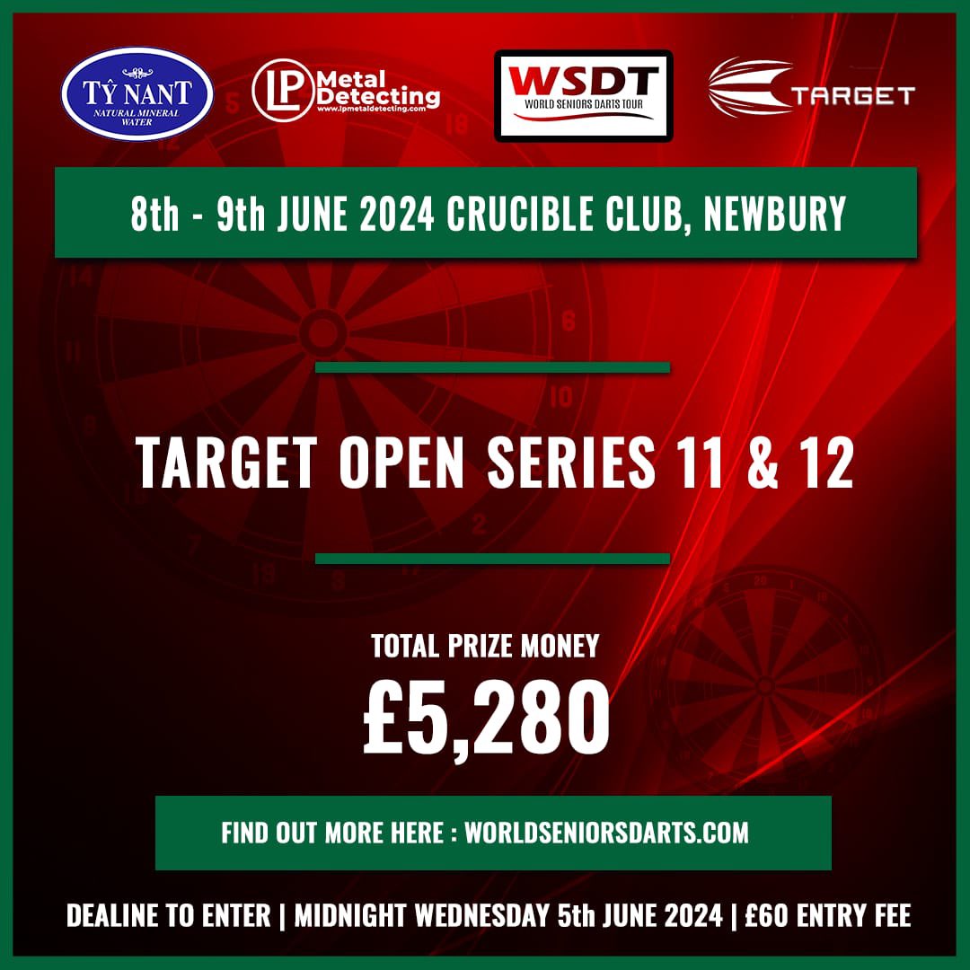 Next Up ⏳ We’re back at @cruciblesports Newbury for the next block of @TargetDarts Open Series 🎯 As ever, tour card holders can book their place via worldseniorsdarts.com/WSDT_registrat…