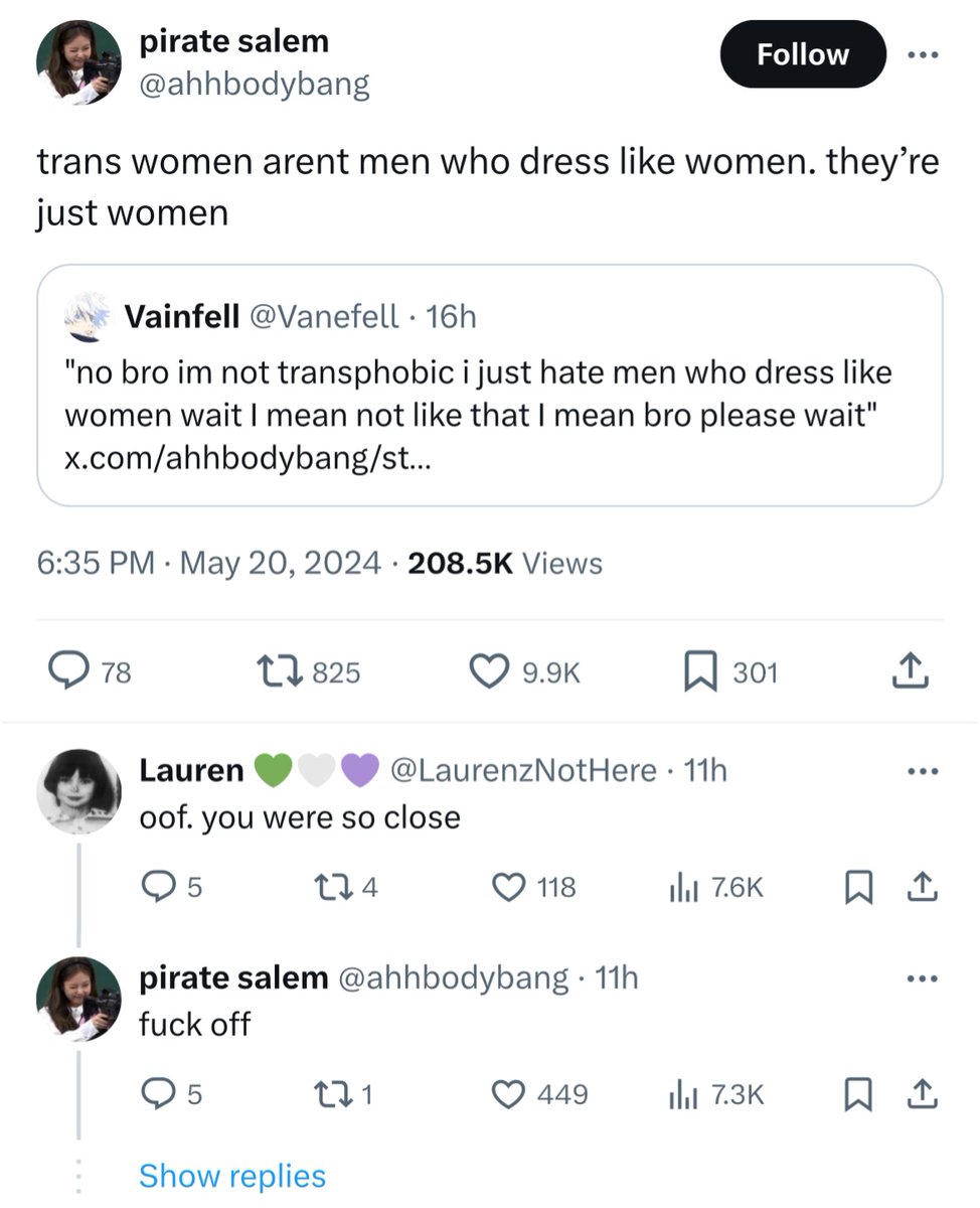 Who knew acting like a terf would idk ATTRACT TERFS???… you have no right to complain
(Not defending vainfell btw he seems like a fucking awful weirdo)