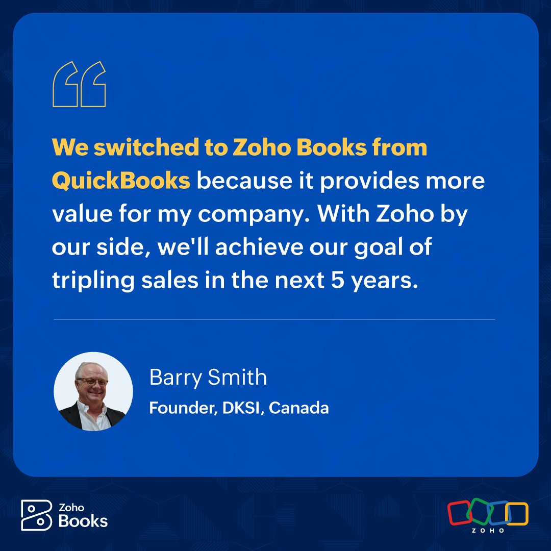 Running a business is tough, especially managing finances. That's why Barry Smith of DKSI switched to Zoho Books!

'The integration with @ZohoCRM  , @ZohoSalesIQ  , @ZohoDesk , and @ZohoExpense  helps us make better decisions,' Smith said.

#MakeTheSwitch