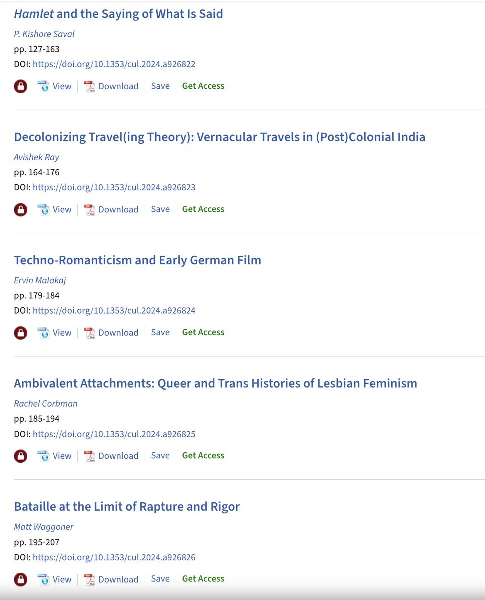 New issue of @CulturalCritiq1 journal (124) is live!!! 📚 muse.jhu.edu/issue/52471 Articles on Black feminism, decolonial traveling, new materialism, archival undoing, Hamlet's utterance, Atwood/Butler's silences AND book reviews by @sadcatdadd, Ervin Malakaj, & Matt Waggoner!