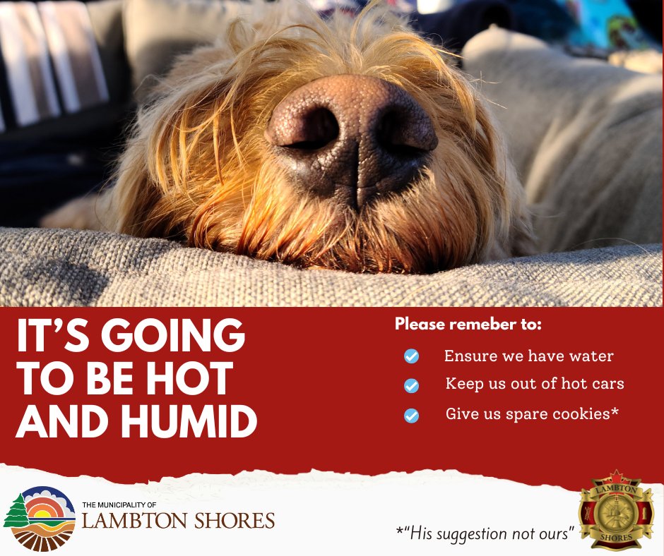 With the hot and humid weather expected to continue through Wednesday, <a href="/lambton_ph/">LambtonPublicHealth</a>  has issued an extended heat warning for <a href="/CountyofLambton/">County of Lambton</a>. 
Be sure to stay hydrated, avoid strenuous outdoor activity when possible.
Remember your pets are counting on you to help them out.