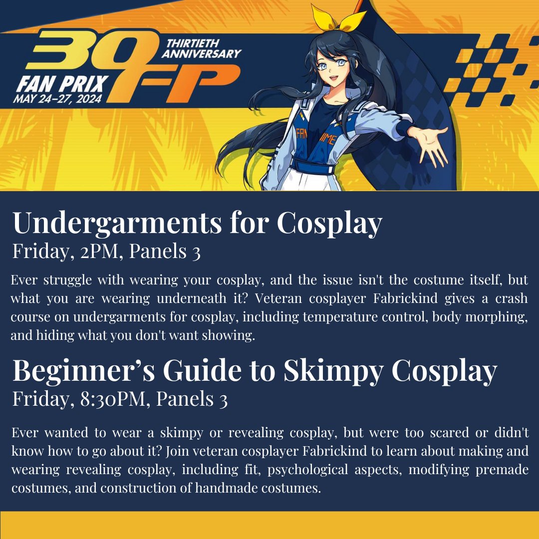 Panels for @fanimecon 2024!

Both Friday in Panel 3:

Undergarments for Cosplay 2PM
Beginner's Guide to Skimpy Cosplay 8:30PM

Note that the schedule hasn't been updated with a panel change: Sewing Lolita Skirts is no longer happening

Hope to see you there!

@FanimePanels