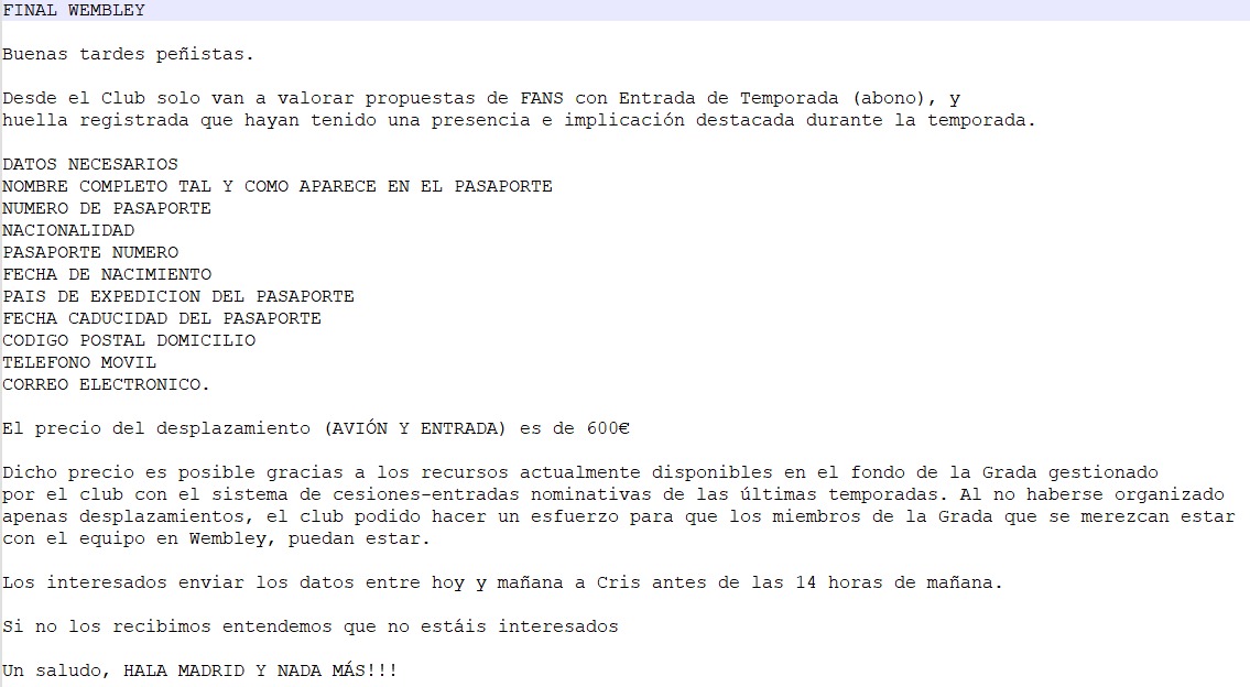 Muchos socios con todo comprado sin entrada, otros pagando 500 por las suyas, esfuerzos por parte de TODOS excepto de los de siempre <a href="/GradaFansRMCF/">Grada Fans RMCF</a>. Viaje a Wembley con entrada por 600€. #AWembleyPor600Euros
