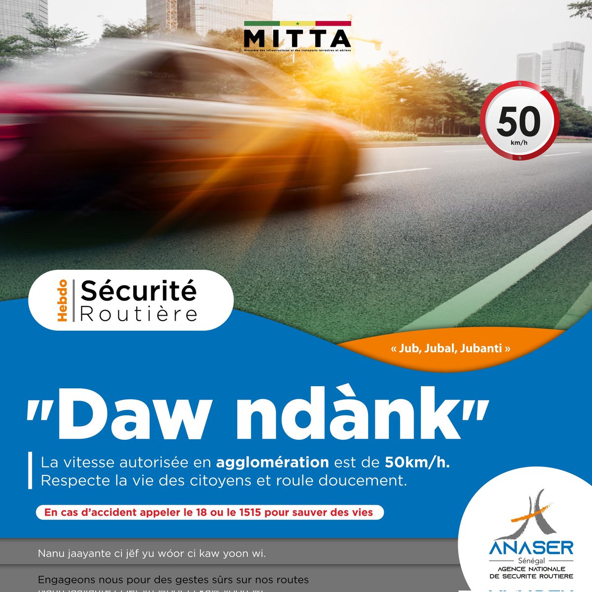 Rouler doucement La vitesse autorisée en agglomération est de 50km/h. Respecte la vie des citoyens et roule doucement. En cas d’accident appeler le 18 ou le 1515 pour sauver des vies. #ministere #infrastructure #transport #aerien #leprojet #senegal #anaser