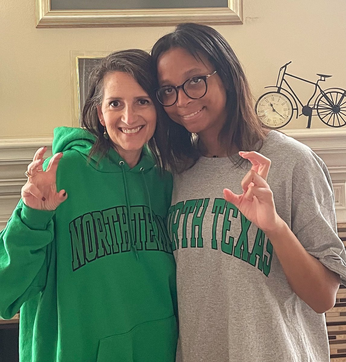 MrsRosenbaum's tweet photo. College Decision Day @JJPearceHS #TheGoose and I proudly showing that Luci will be @UNTsocial in the fall studying #ElementaryEducation #GoMeanGreen #UNT #ClassOf2028 #buildingmUStangs #TurningIntoAnEagle https://t.co/iHxJ9zYHUR