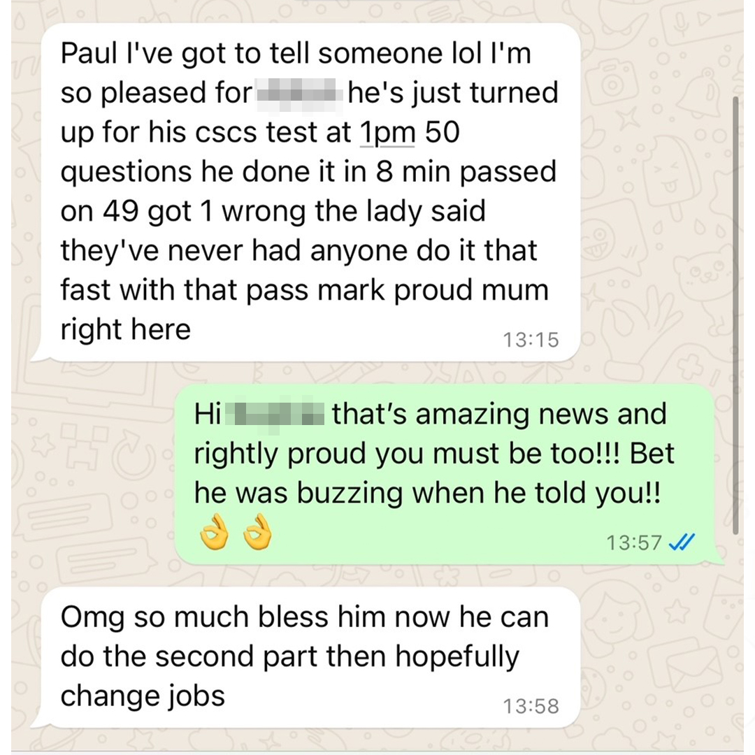 We recently helped a young man who became homeless after fleeing a criminal gang who'd been trying to exploit him. His mother just contacted us to say he's passed the Construction Skills Certification Scheme - with flying colours! We're really proud of him.💜