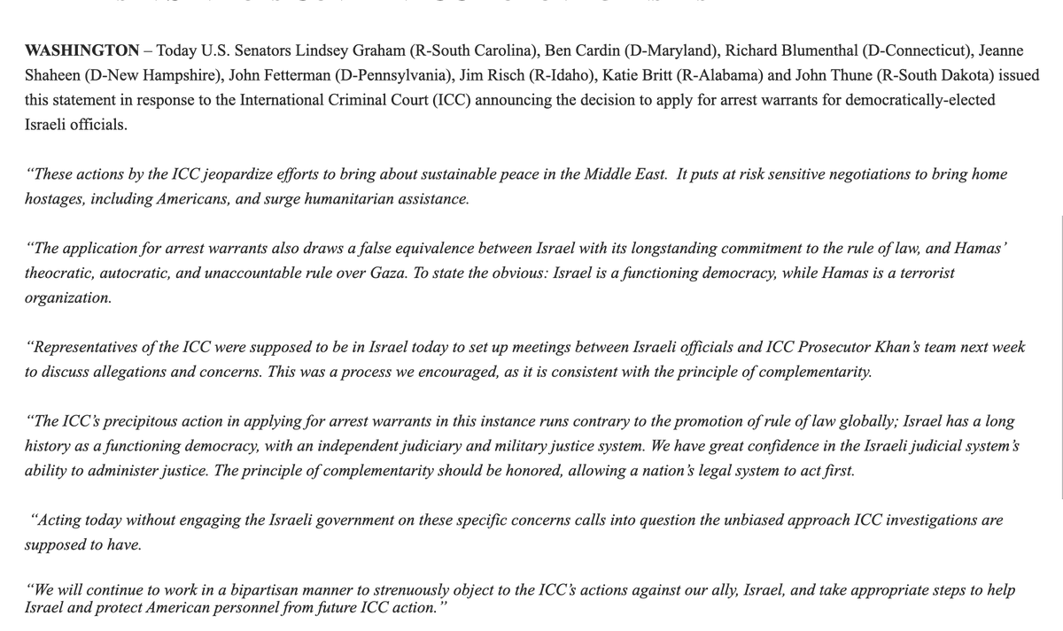 NEW: GRAHAM, CARDIN lead bipartisan statement condemning ICC over Israeli arrest warrants BLUMENTHAL, SHAHEEN, FETTERMAN, RISCH, BRITT, & THUNE cosign