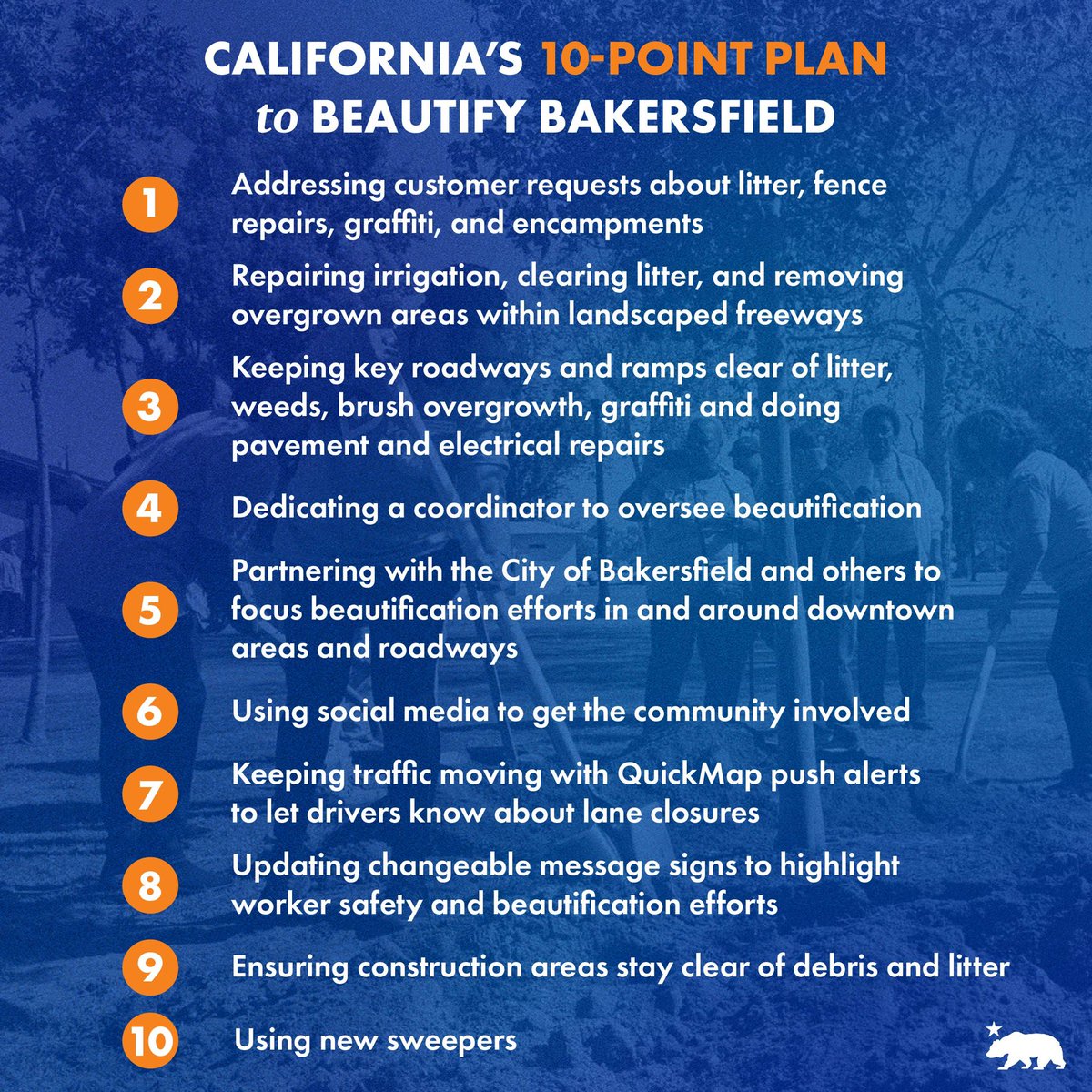 We’re supporting Bakersfield and the surrounding region to improve street safety and enrich public spaces. Working together with our local partners, the state is releasing a 10-Point Plan to Beautify Bakersfield — making our communities safer and cleaner.