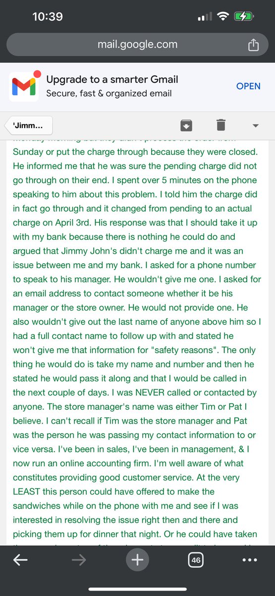 KPNolanWriting's tweet photo. Just another case of a company shafting the little guy. All because…well, they can. In this case it was $52 of sandwiches that were never received.  Countless phone calls, emails, follow-ups over months all asking for the right thing to be done to no avail. Thanks @jimmyjohns https://t.co/ZCbXFMnapI