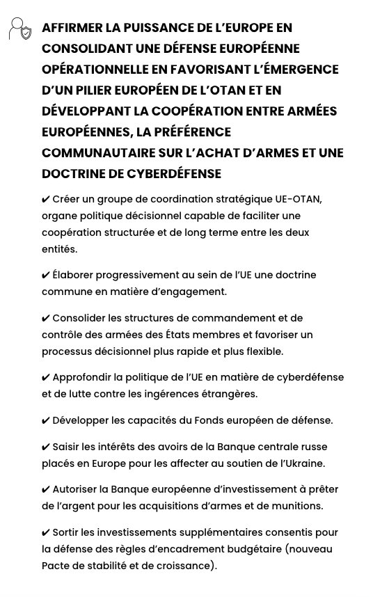 #Européennes2024 🗳️ 

Affirmer la puissance de l'🇪🇺 en consolidant une défense opérationnelle en favorisant l'émergence d'un pilier 🇪🇺 de l'OTAN & développant coopération #armées 🇪🇺, préférence communautaire sur achat armes et doctrine #cyberdéfense

🇪🇺 europeterritoiresecologie.fr/programme/