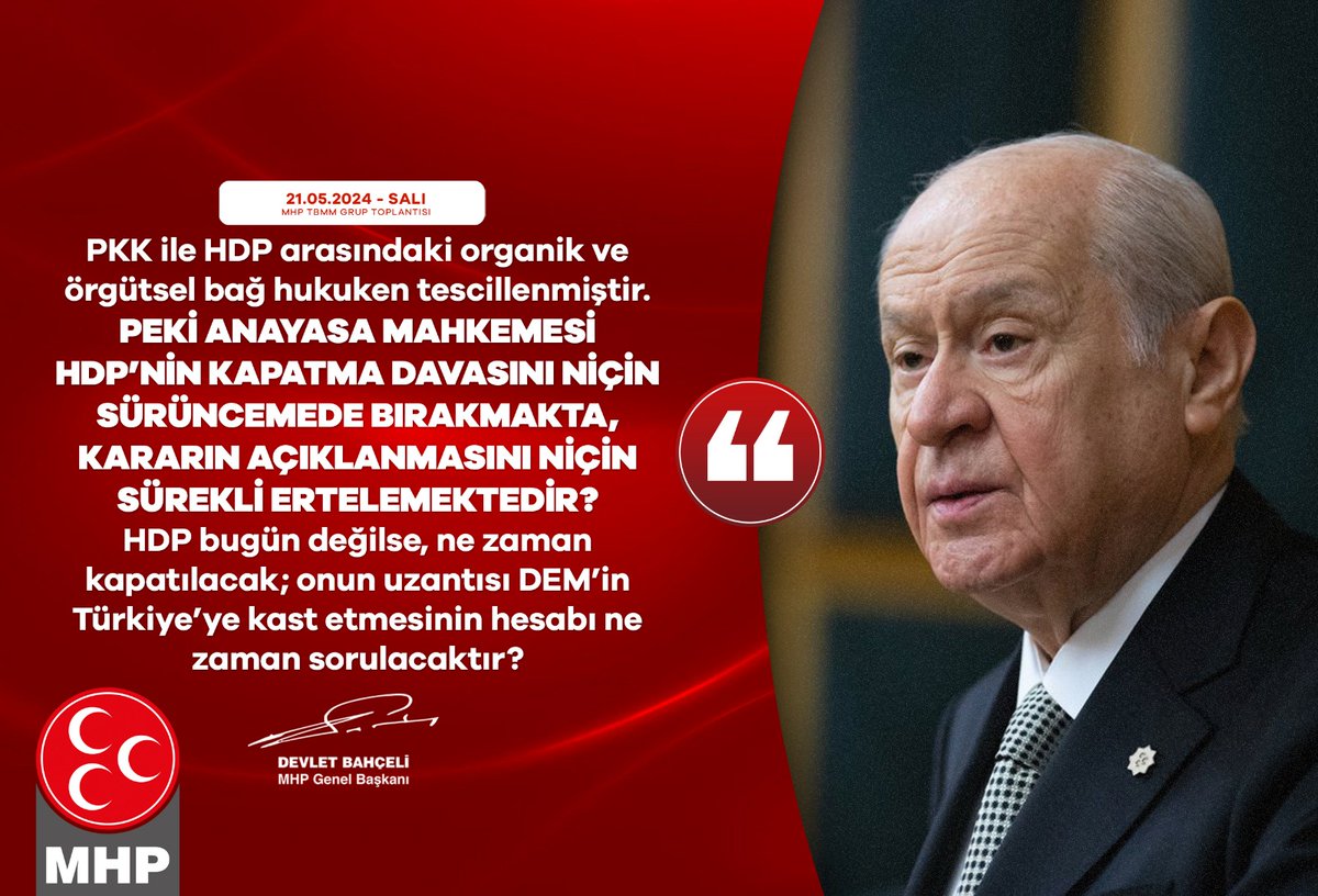 PKK ile HDP arasındaki organik ve örgütsel bağ hukuken tescillenmiştir. Peki Anayasa Mahkemesi HDP’nin kapatma davasını niçin sürüncemede bırakmakta, kararın açıklanmasını niçin sürekli ertelemektedir? HDP bugün değilse, ne zaman kapatılacak; onun uzantısı DEM’in Türkiye’ye kast