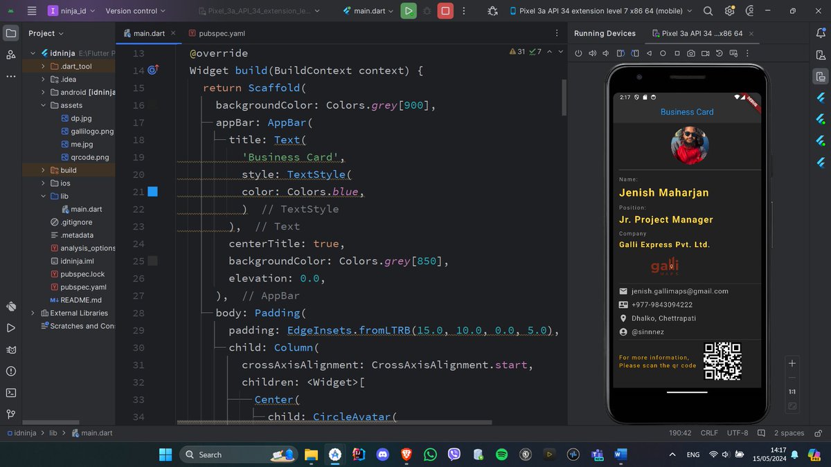 sinnnez's tweet photo. #30DaysOfFlutter
Day 8 of 30 days: ✅ Started a new project
Simple Business Card – One Page
In this project , I implemented all the things I learnt in the past week to make myself a business card.

#pitc30days #pitcFlutter #primeitclub

@_primeitclub https://t.co/dfsUMrWD5y