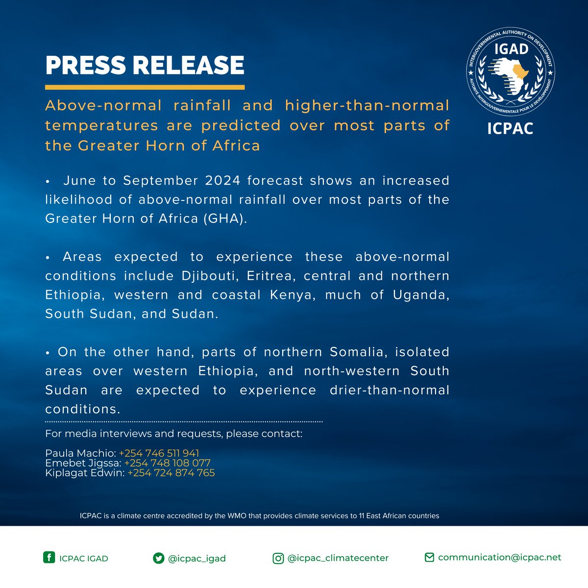 IGAD_CPAC's tweet photo. โน๏ธ OFFICIAL #GHACOF67 RELEASE!
โ๏ธโ๏ธ Above-normal rainfall and higher-than-normal temperatures are predicted over most parts of the Greater #HornofAfrica for the June to September 2024 season.
Read the full statement below.
๐ฐ English โก๏ธ https://t.co/sp9T2sFwwV
๐ฐ French โก๏ธ https://t.co/7OVjc15pX3
๐ Technical Statement โก๏ธ https://t.co/zE9qd0A2Wm