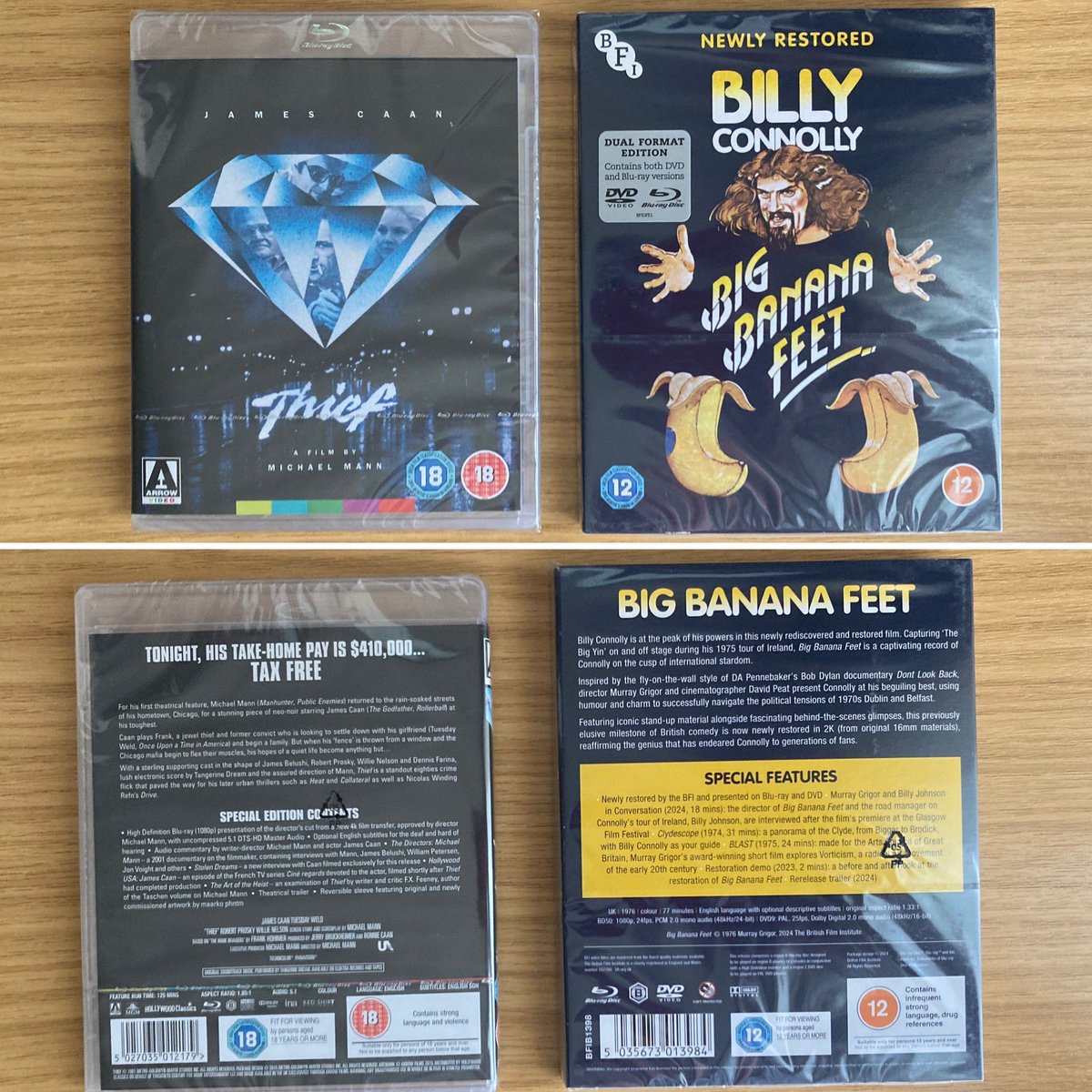 Cop yer whack for this! #LatestAdditions to my #BlurayCollection are @BFI’s newly restored #BillyConnolly #BigBananaFeet as well as @ArrowFilmsVideo’s special edition of #MichaelMann’s #Thief… can’t wait to watch them! #Bluray #PhysicalMedia #KeepDiscsAlive