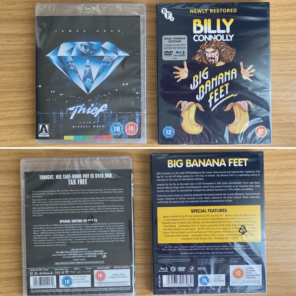 s77tux's tweet image. Cop yer whack for this! #LatestAdditions to my #BlurayCollection are @BFI’s newly restored #BillyConnolly #BigBananaFeet as well as @ArrowFilmsVideo’s special edition of #MichaelMann’s #Thief… can’t wait to watch them! #Bluray #PhysicalMedia #KeepDiscsAlive