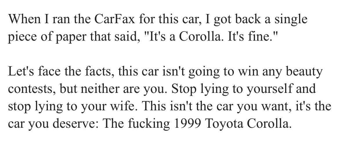 This Craigslist ad for a 1999 Toyota Corolla is a masterclass in copywriting.
