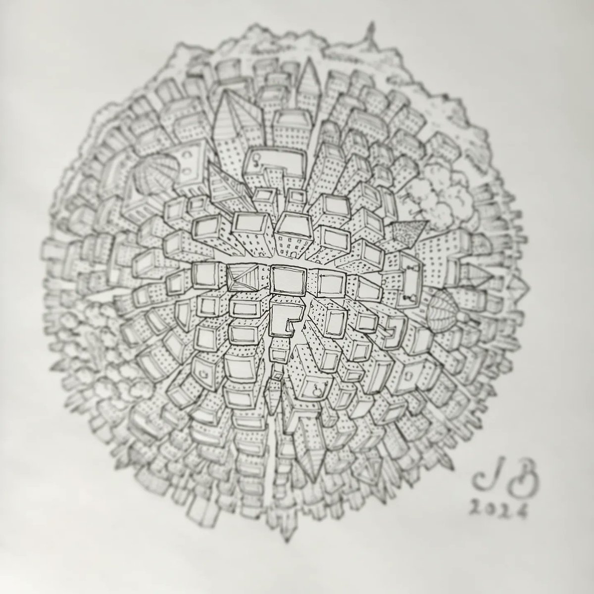 jogbrogzin's tweet image. Trying a new type of city "map" today, using a 5 point perspective (which hopefully give a fish eyes lens effect). I'll make a fantasy city next

#citymap #cityscape #5pointperspective #fisheye #fisheyelens #fantasymap #dndmap #rpgmap #traditionaldrawing #handdrawn #inkdrawing