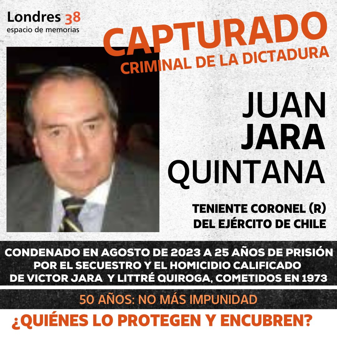 ¡𝐀𝐬𝐞𝐬𝐢𝐧𝐨 𝐝𝐞 𝐕𝐢́𝐜𝐭𝐨𝐫 𝐉𝐚𝐫𝐚 𝐲 𝐋𝐢𝐭𝐭𝐫𝐞́ 𝐐𝐮𝐢𝐫𝐨𝐠𝐚 𝐅𝐔𝐄 𝐂𝐀𝐏𝐓𝐔𝐑𝐀𝐃𝐎! Juan Jara Quintana, quien estaba prófugo desde el 23 de agosto, fue detenido ayer lunes 20 de mayo 🟠 𝐀𝐮́𝐧 𝐪𝐮𝐞𝐝𝐚𝐧 𝟏𝟖 𝐩𝐫𝐨́𝐟𝐮𝐠𝐨𝐬 𝐩𝐨𝐫 𝐞𝐧𝐜𝐚𝐫𝐜𝐞𝐥𝐚𝐫