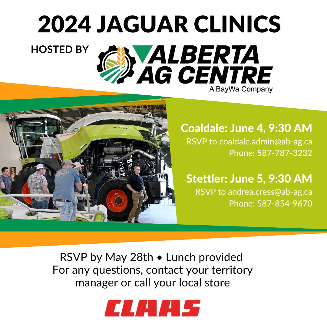 Join us for our #CLAASJAGUAR clinics! Whether you're in Coaldale on June 4th or Stettler on June 5th, this is your chance to learn how to get the most out of your forage harvester. 
Don't miss out! The final day to RSVP is May 28th, 2024.

#CLAAS #AlbertaAgCentre #farming