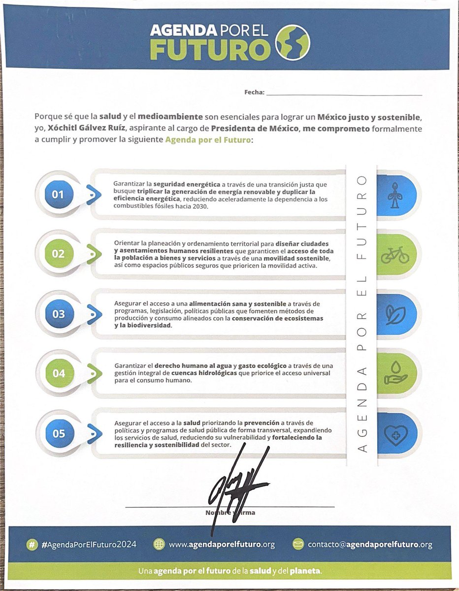 Nuestro planeta no dará segundas oportunidades. Me comprometí a trabajar como Presidenta de México en la Agenda por el Futuro que me propusieron organizaciones de la sociedad civil. En ella se contemplan promover acciones en favor de las energías limpias, movilidad sostenible,