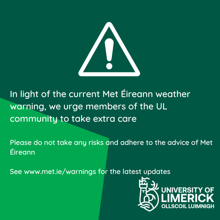 Please be aware that Met Éireann has issued a Status Yellow warning today for thunderstorms in Limerick, which has been upgraded to Status Orange in some surrounding counties UL remains fully open Find the latest weather updates here: met.ie/warnings/today
