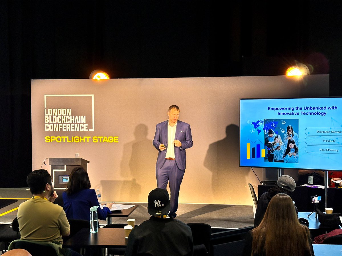 Bernhard Müller of <a href="/ChCenti/">Centi Business</a> leading a talk on the Spotlight Stage about empowering Europe’s unbanked through innovation!

#LDNBlockchain24