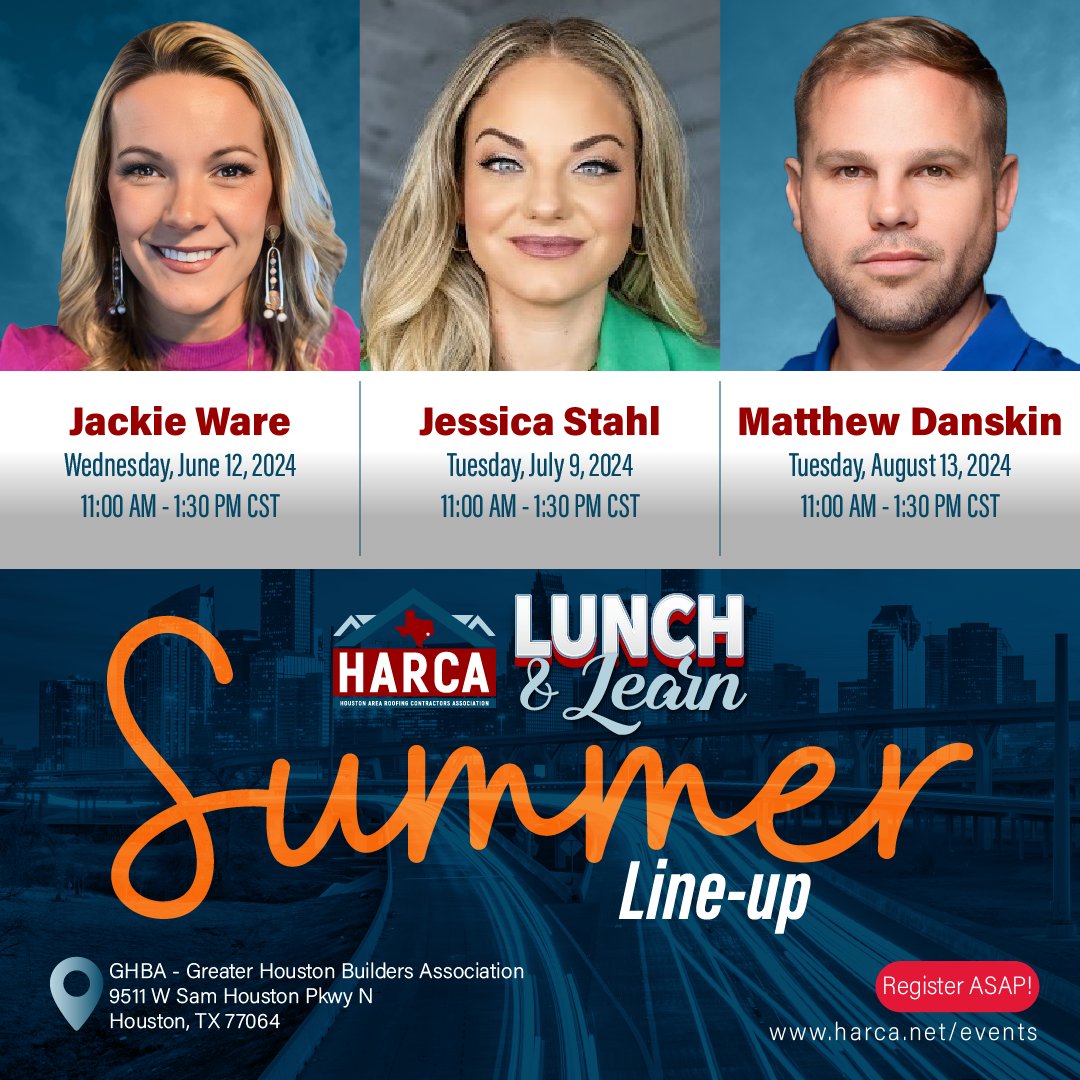 Join us for an engaging lineup featuring experts on operational systems, hiring strategies, and roofing inspections.

Learn more at hubs.ly/Q02xZVBB0

#LunchAndLearn  #HoustonTX #RoofingContractors #ContractorAssociation #CommercialRoofing #ResidentialRoofing