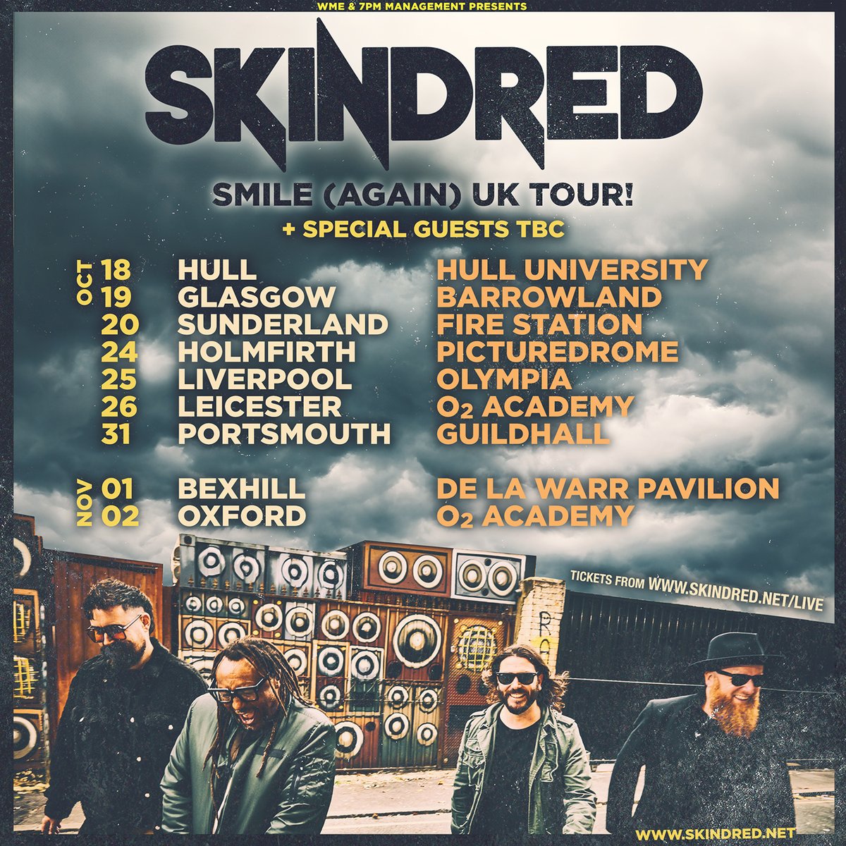 For those of you that missed last weeks announcement. We are heading back out to do more UK SMILE dates at the end of this year. Tickets are on sale NOW from below .( Low ticket warning for Holmfirth). skindred.net/#live