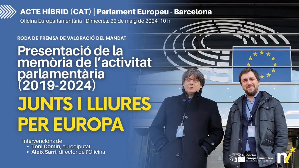 Demà (10h) presentem la memòria de l'activitat parlamentària (2019-2024) en un acte híbrid entre l'Oficina Europarlamentària de El Born amb el nostre director, @aleixsarri, i Brussel·les amb el MEP @toni_comin. 📲Directe: youtube.com/live/pZMgF2WGp…