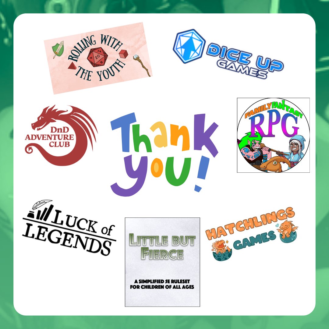 Every month, these sponsors help support the TTRPGkids site, providing funds for up front project costs, convention booths, and more.  Thank you to these awesome creators, and please, everyone, go check out the amazing work they've been making!

#TTRPGkids #thankyou