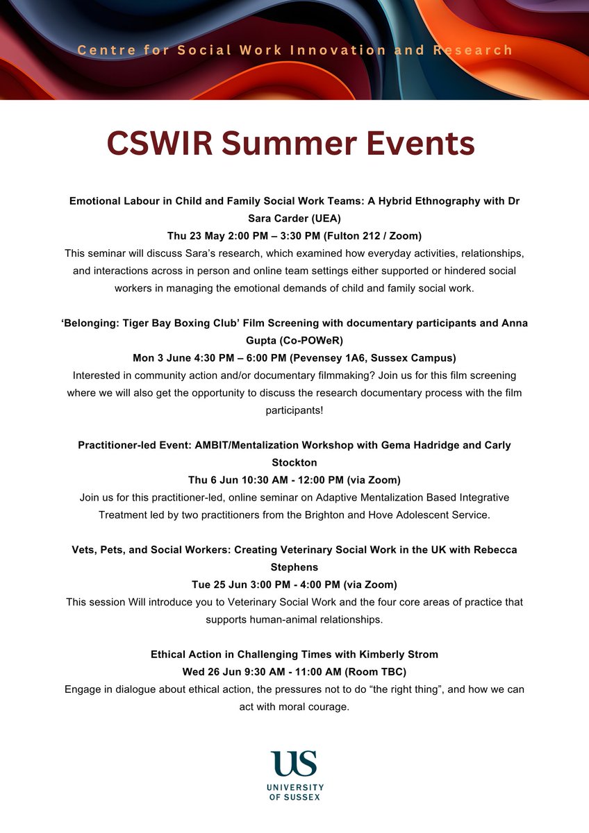 Summer at CSWIR! We have 5 events coming up between now and the end of June - come along if you can😌 (The first is this Thursday!) CPD certificates available for all events🏅 🔗Registration links here: sussex.ac.uk/socialwork/csw…