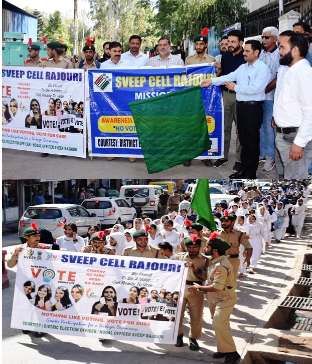 SVEEP Team Rajouri today organised a grand voters’ awareness rally, drawing the participation of around one thousand students and staff of various educational institutions including from PG College, BHSS, GHSS, HEM and others. @DioRajouri @diprjk