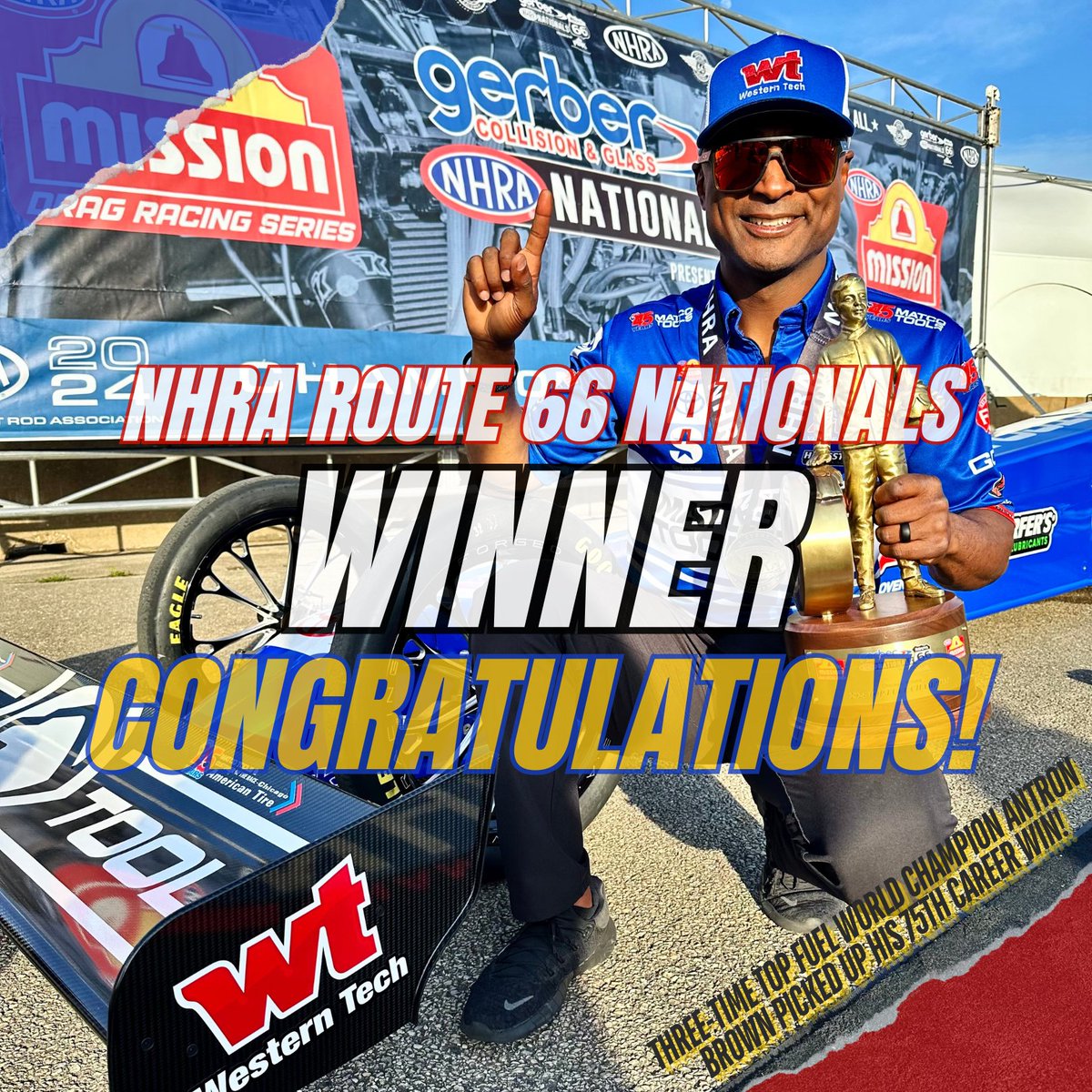 Huge congrats to @AntronBrown & Team @AbMotorsports1 on their @NHRA Route 66 win! 🎉 This marks his 75th Top Fuel race victory! We're proud sponsors and thrilled to see our performance tuning grads in the pit contributing to this success. 📸: Ted Yerzyk, ABMotorsports #NHRA