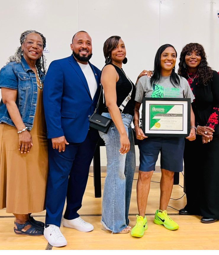 Coach Quevette Terrell's the real MVP 🏅 We were thrilled to surprise her last week as a @nationallife #LCOY Award Winner in front of hundreds of students and staff. Ashley Horner of Retirement Education Partners presented Coach Terrell with $3,000 to share with her school.