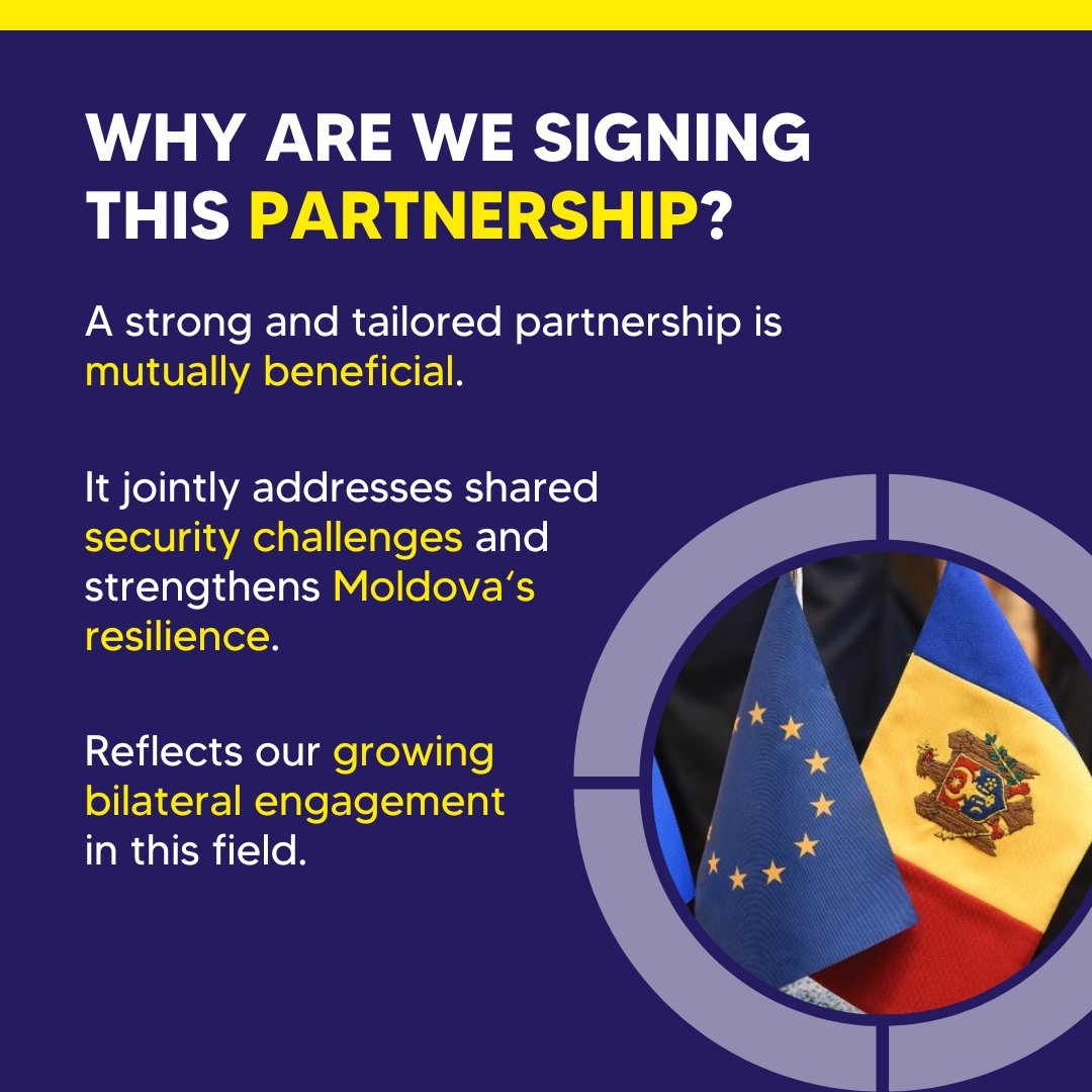 Moldova 🇲🇩 is the first country to sign a Security & Defence Partnership with the EU 🇪🇺 This partnership will: - Enhance the resilience of the country, - Allow the EU and Moldova to jointly address shared security challenges, - Explore new areas of cooperation and dialogue.