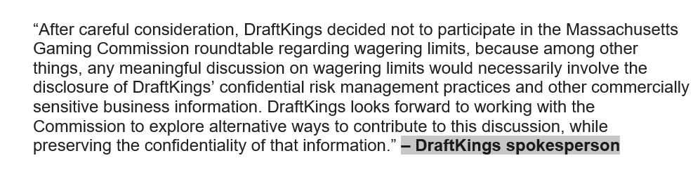 DavidPurdum's tweet photo. Statement from DraftKings on decision to not participate in Massachusetts Gaming Commission roundtable on practice of limiting bettors: https://t.co/thbltgu8jc