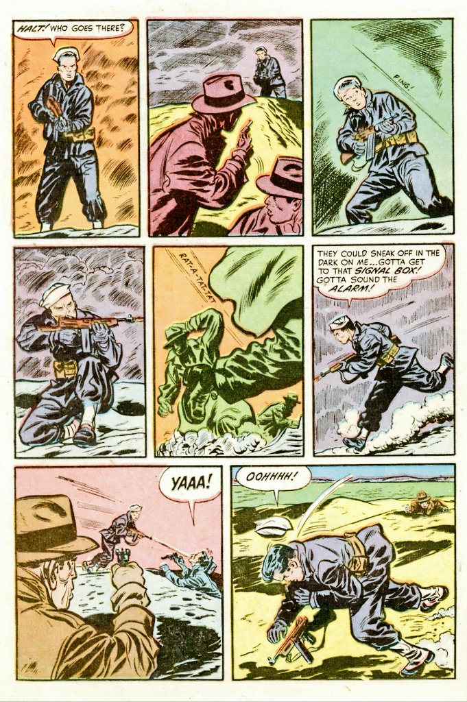 'Night Shadows' (chapter one) script: unknown, art: Lee Elias from Warfront#6 (1952 Harvey Comics).