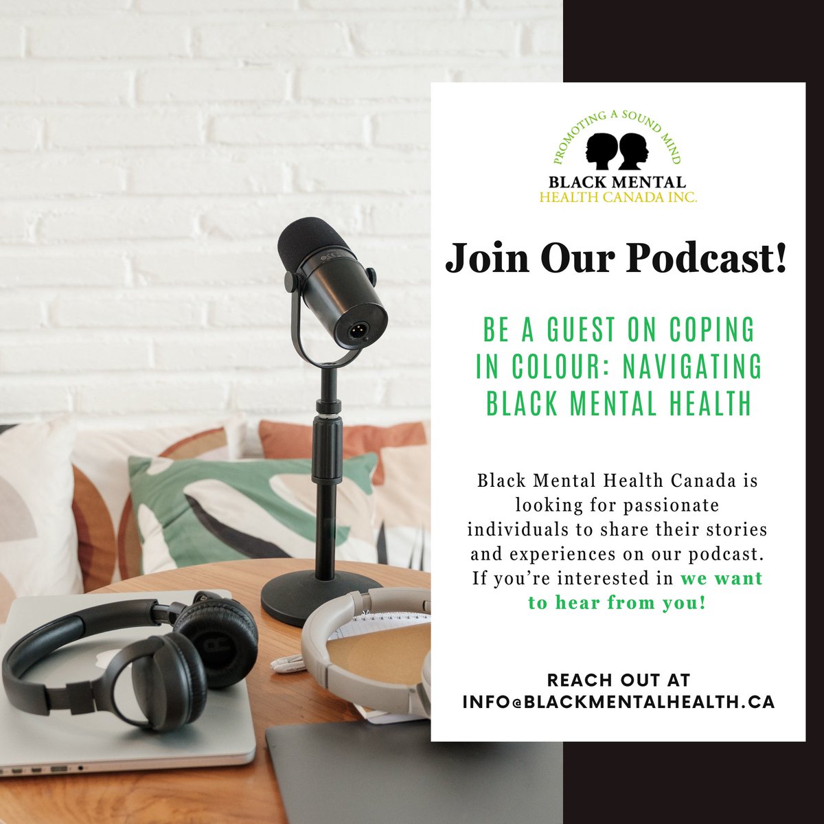 Do you want to share your story and inspire others? Black Mental Health Canada is seeking guests for our podcast, Coping In Colour: Navigating Black Mental Health. Interested? Contact us at info@blackmentalhealth.ca.