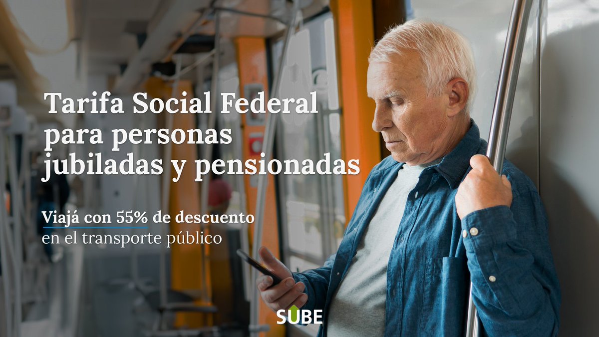 ¿Qué beneficio tienen las personas jubiladas y pensionadas con #SUBE? 🤔 Los jubilados y pensionados pueden acceder a la #TarifaSocialFederal en el transporte público ¡y viajar con 55% de descuento! ✅ Tramitarla es muy es muy fácil 👉🏻 bit.ly/TarifaSocialen…