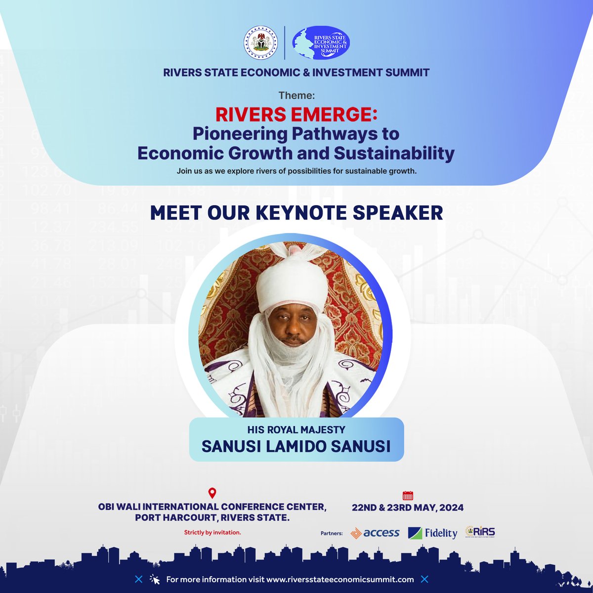 RSEISummit's tweet photo. Former CBN governor, Emir of Kano, and a proponent of social and economic change - His Royal Majesty Sanusi Lamido Sanusi CON will be our keynote speaker at the RSEI Summit.​

Register now click the link in our bio.​

#RiversInvestmentSummit ​#InvestInRivers ​#RiversStateEmerge https://t.co/SW8WDe86FT