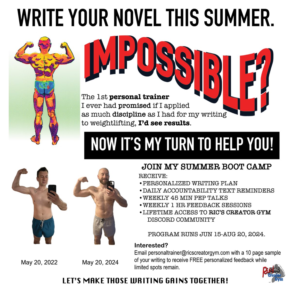 CALLING ALL SERIOUS WRITERS. 

Interested? Email: personaltrainer@ricscreatorgym.com

#writingcommunity #writerslift #weightlifting #personaltraining #writers #novelwriting #novelists #novel #fiction #youngadult #middlegrade #fantasy #sciencefiction #sciencefantasy