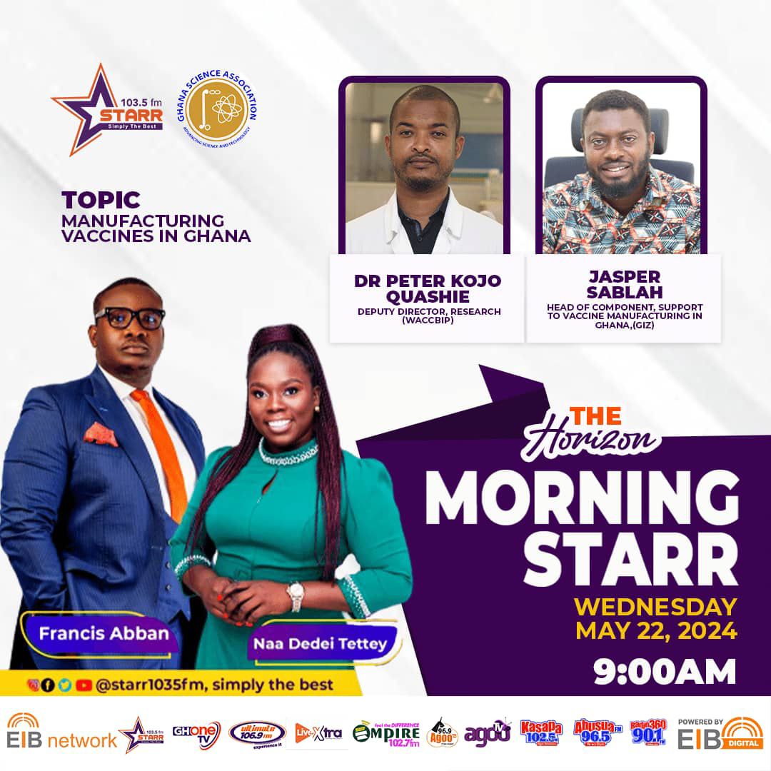 Tune in tomorrow at 9:00AM on @starr1035fm for an important conversation with @DrPKQuashie from @WACCBIP_UG & Jasper Sablah from @giz_ghana as we explore the topic of manufacturing vaccines in Ghana & discuss future collaborations in vaccine research Don't miss this discussion!