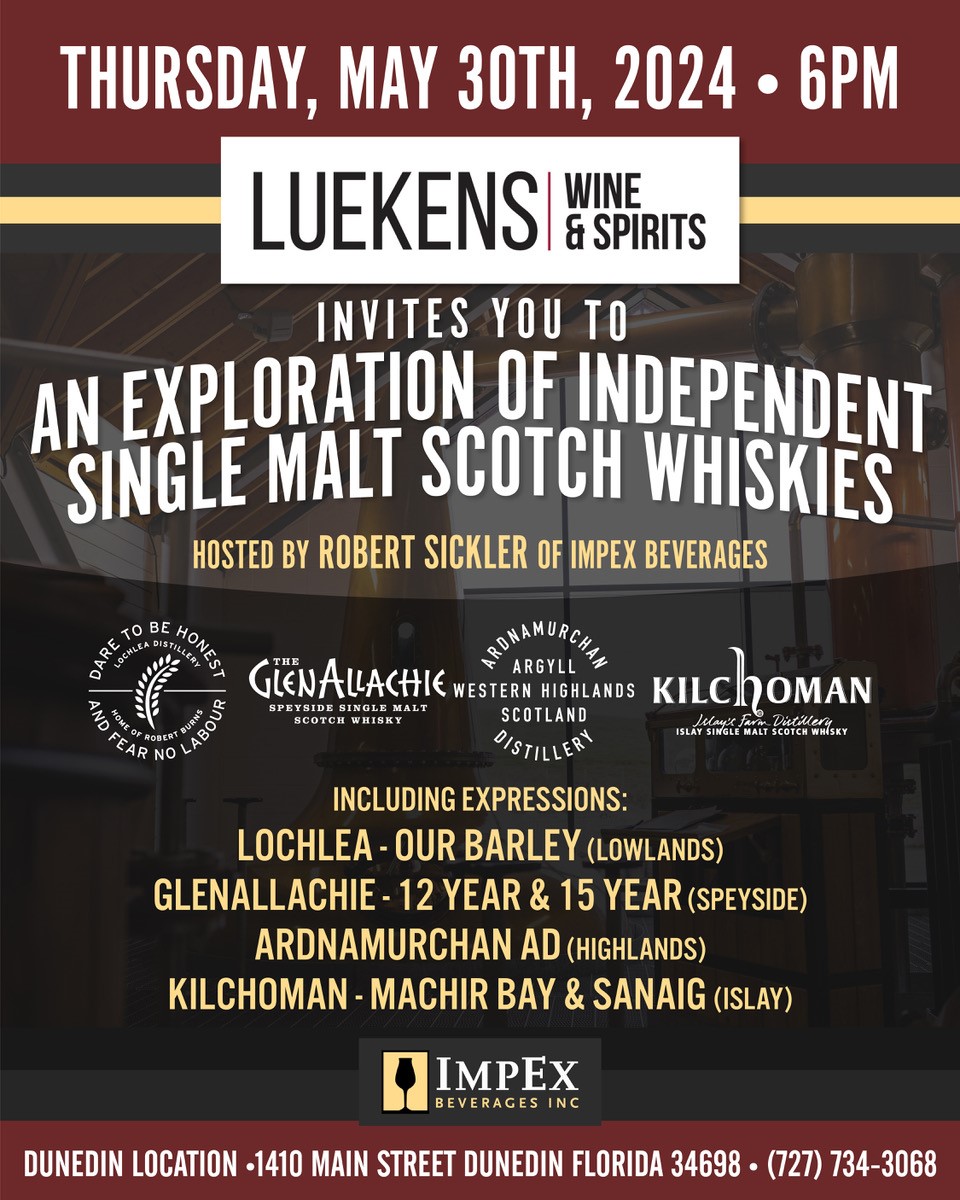🥃 Join us at the Luekens Dunedin Bar on Thursday, May 30th from 6:00 – 8:00 pm for an extraordinary night exploring Independent Single Malt Scotch Whiskies! Hosted by Robert Sickler of Impex Beverages, we’ll be tasting six amazing Single Malt Scotches from various brands!