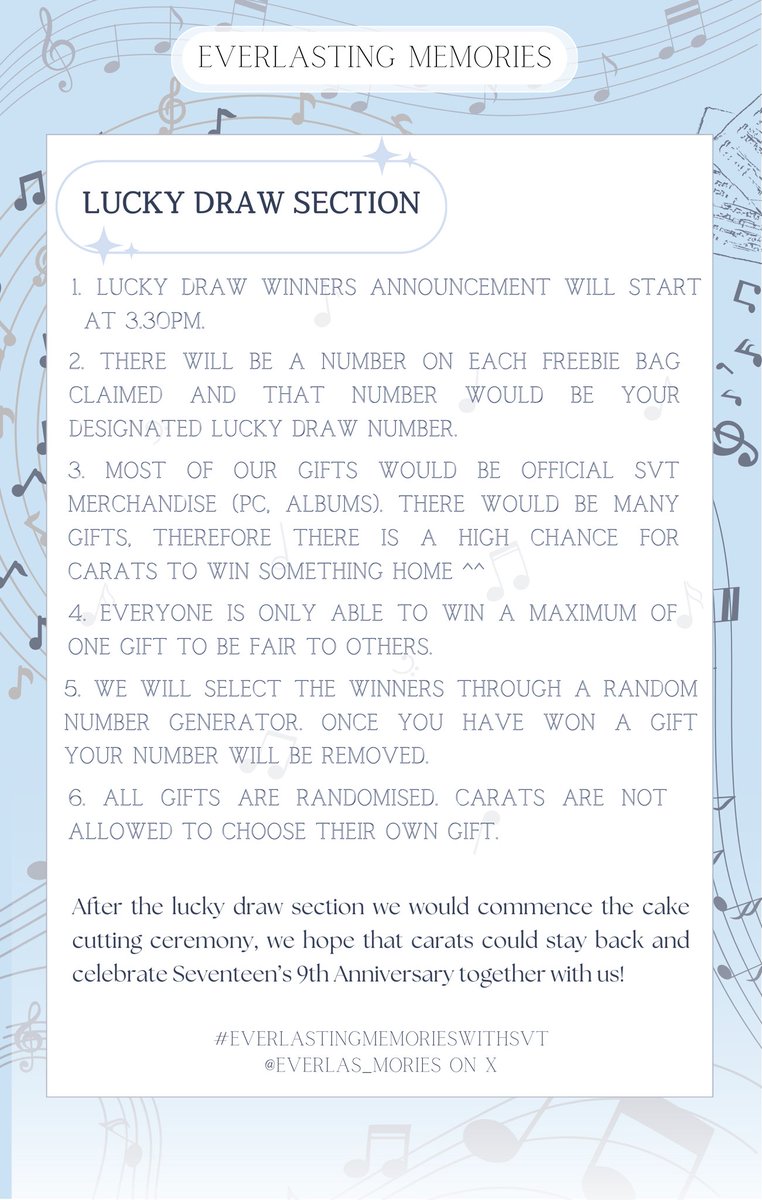 everlas_mories's tweet photo. 5⃣️DAYS to go⏳
🎀Lucky Draw Section (*≧∇≦)ﾉ🩵
#EverlastingMemorieswithSVT https://t.co/mQ8Qojyqum