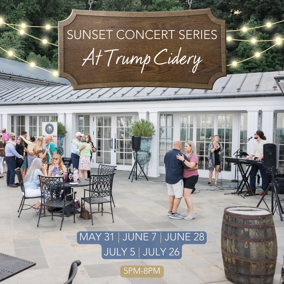 trumpwinery's tweet photo. Our Sunset Concert Series starts next week, Friday the 31st! 🎶
Join us at 5:00 at Trump Cidery for great music, delicious cider, and fantastic views. 🍷
#TrumpCidery #SunsetSeries #LiveMusic https://t.co/1aotwroLNJ