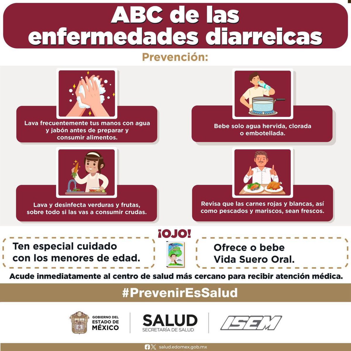 Sigue las siguientes recomendaciones para prevenir las #EnfermedadesDiarreicas, tu puedes prevenir la deshidratación, ofrece o bebe vida suero oral. #ABC #PrevenirEsSalud
